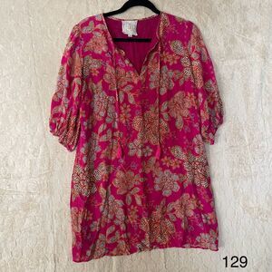Johnny Was Vesna Floral Puff Sleeve 100% Silk Boho Tunic Dress Sz S‎